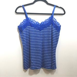 Blue and White Striped Spaghetti Strap Cami with Lace Edge